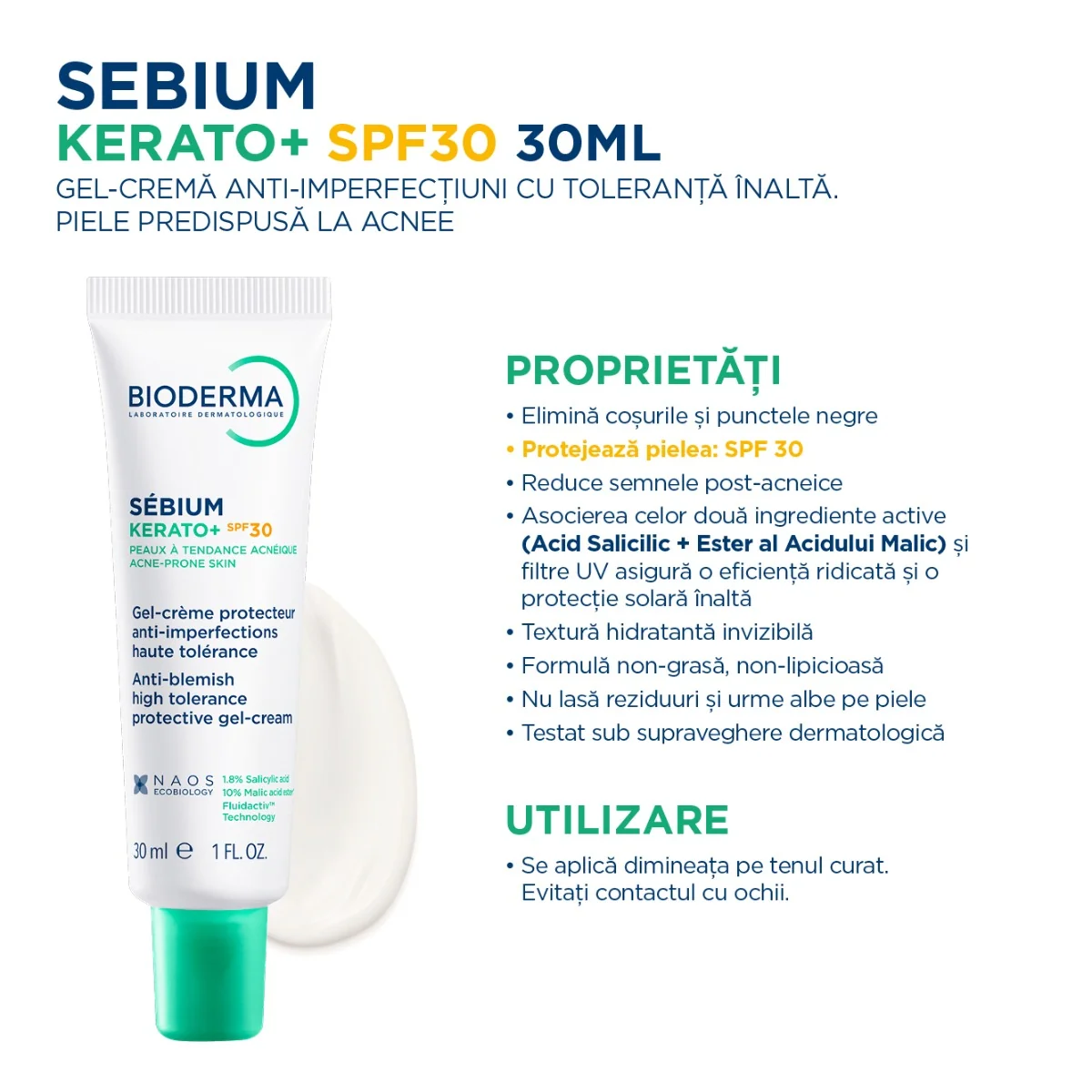 Gel-crema anti-imperfectiuni cu actiune keratolitica si protectie solara pentru ten predispus la acnee Sebium Kerato+ SPF 30, 30ml, Bioderma