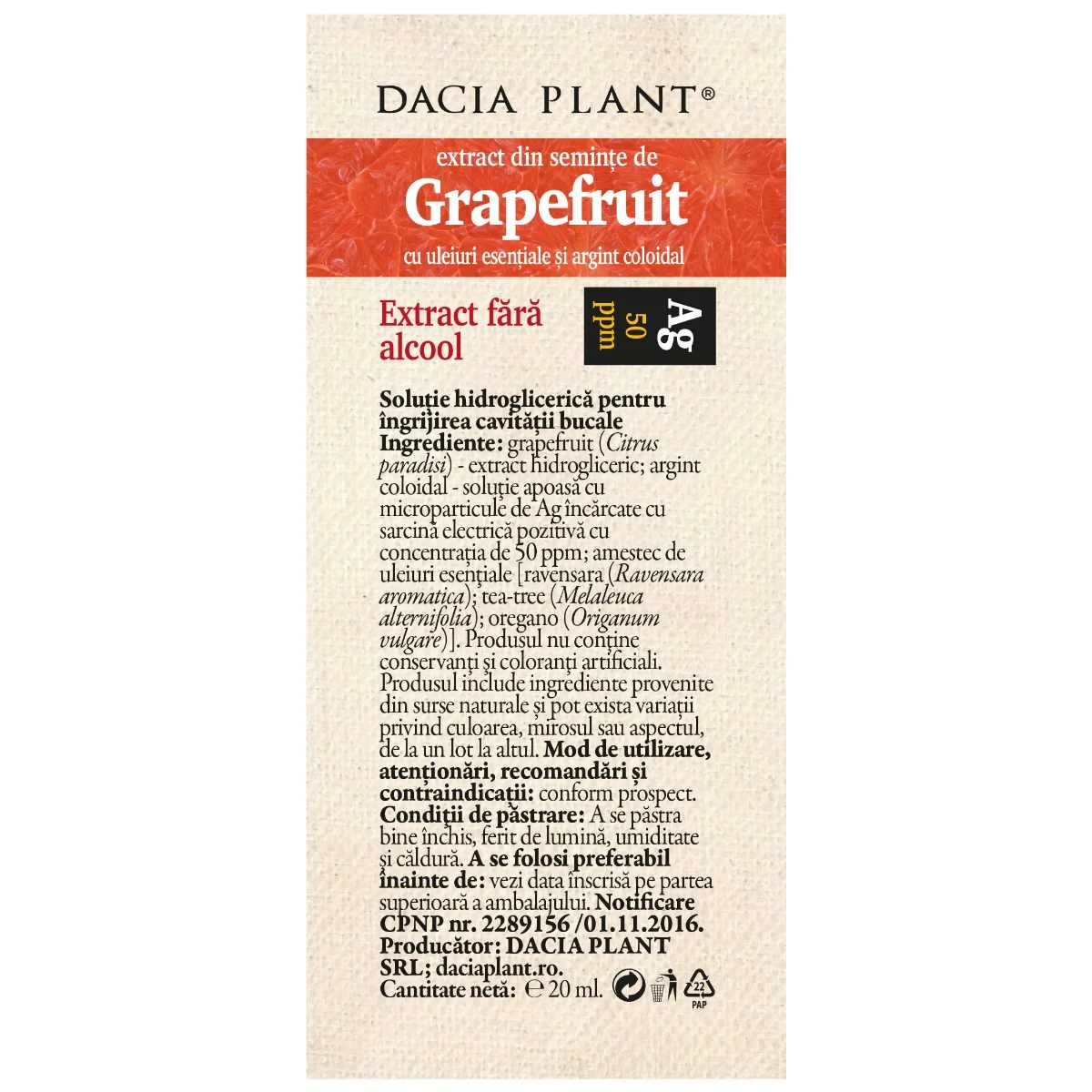 Extract din seminte de Grapefruit cu argint coloidal spray, 20 ml, Dacia Plant