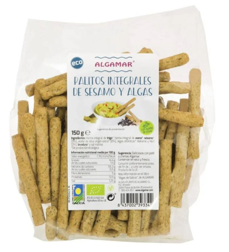 Sticks din grau integral cu susan si alge marine Bio, 100g, Algamar