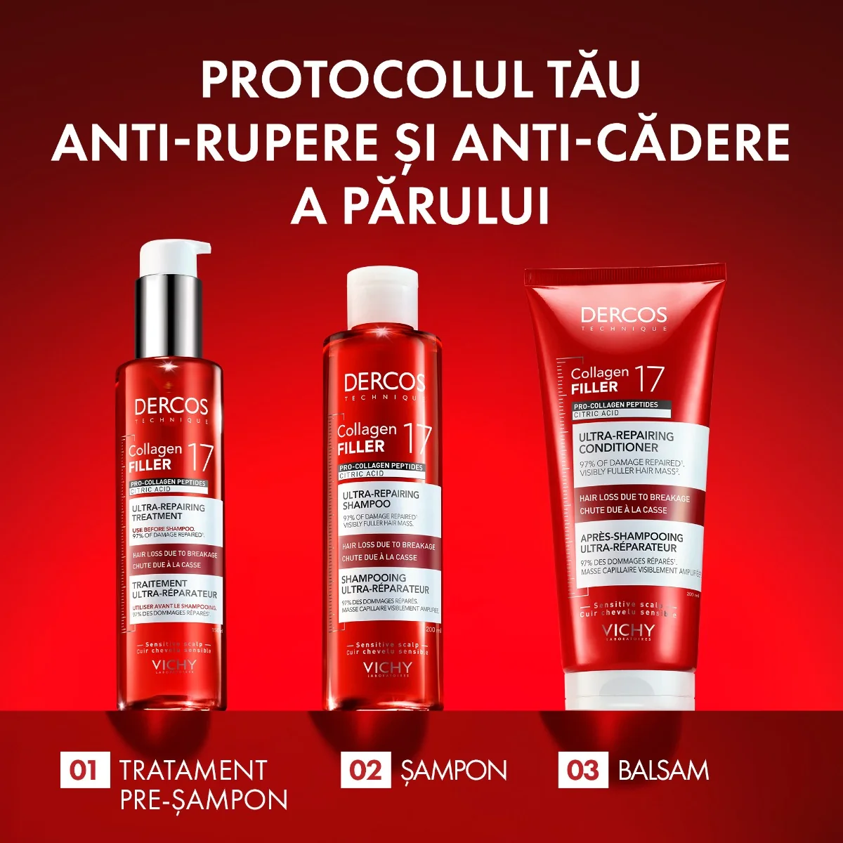 Balsam ultra-reparator cu peptide pro-colagen si acid citric Dercos Collagen 17 Filler, 200ml, Vichy