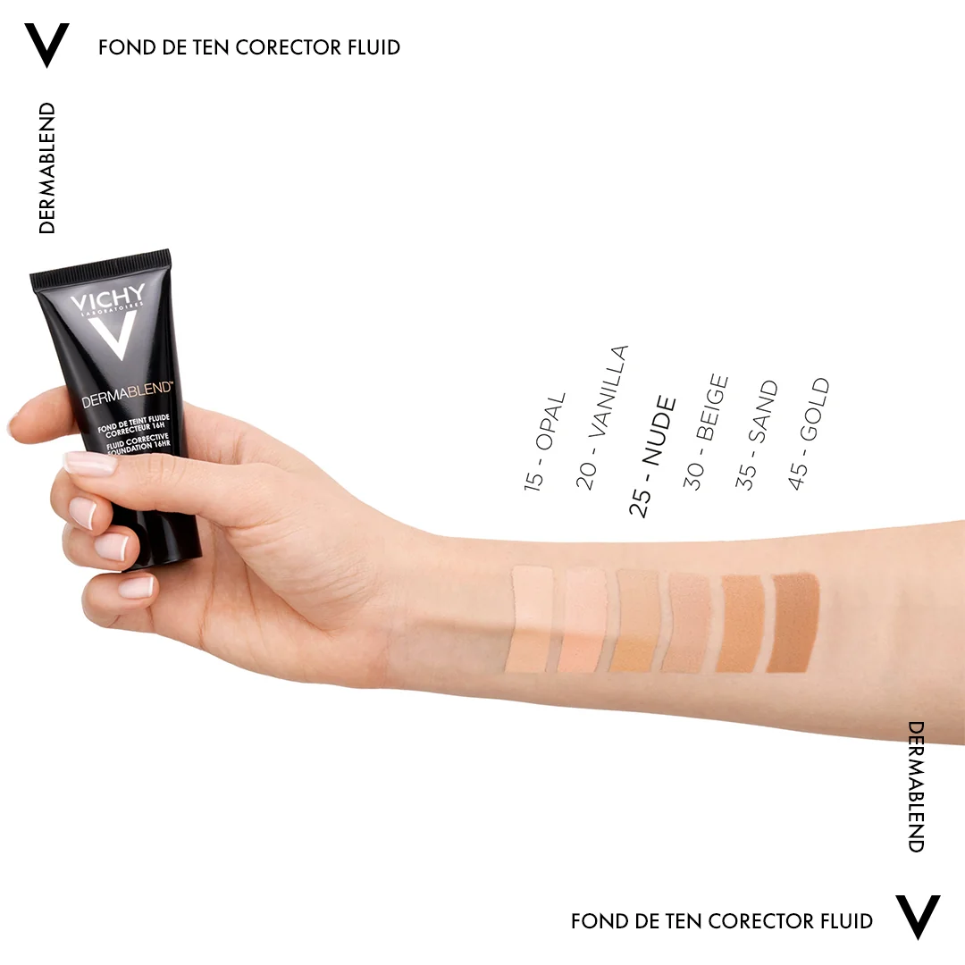 Fond de ten corector fluid rezistenta 16h SPF 28 ten normal sau uscat Dermablend 25, 30ml, Vichy