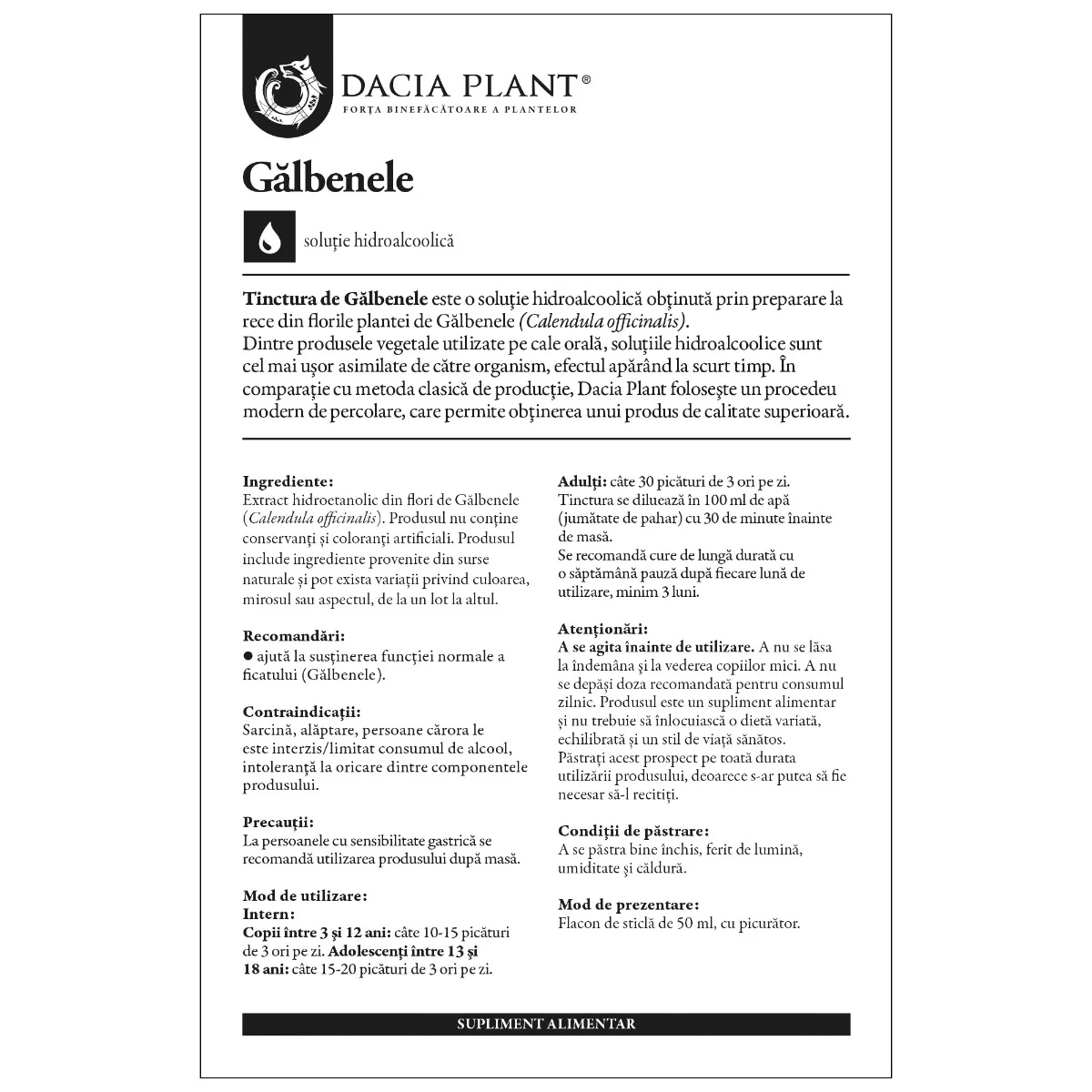 Tinctura de galbenele, 50ml, Dacia Plant