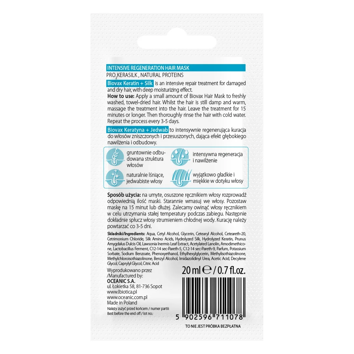 Masca de par Keratina, 20ml, Biovax