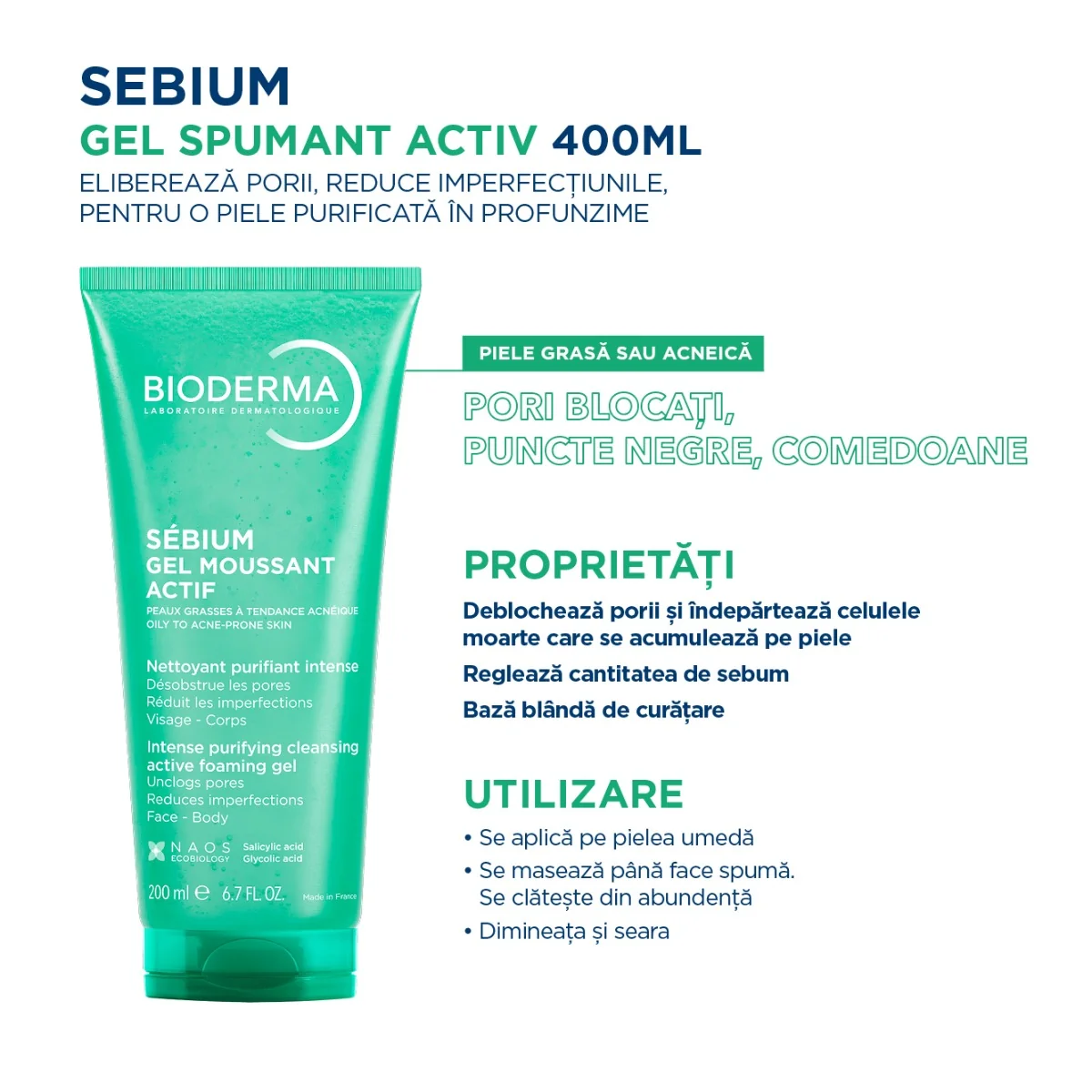 Gel spumant activ Sebium, 200ml, Bioderma