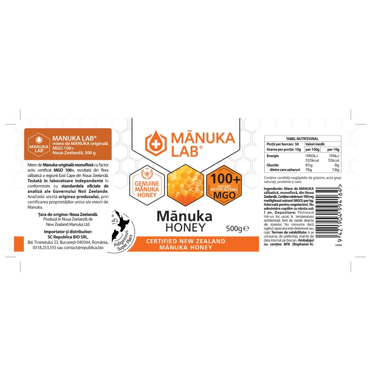 Miere de Manuka naturala MGO 100+, 500g, Manuka Lab