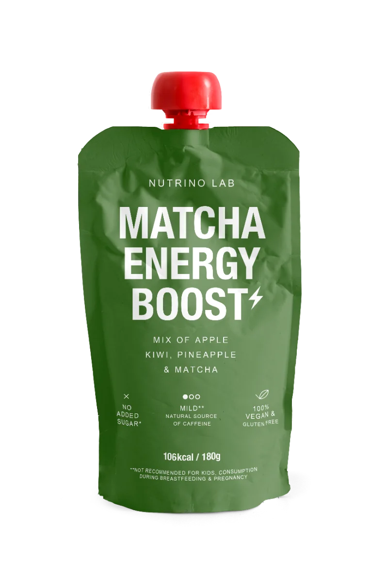 Piure pasteurizat din fructe cu mere kiwi ananas si pudra de matcha, 180g, Nutrino Lab