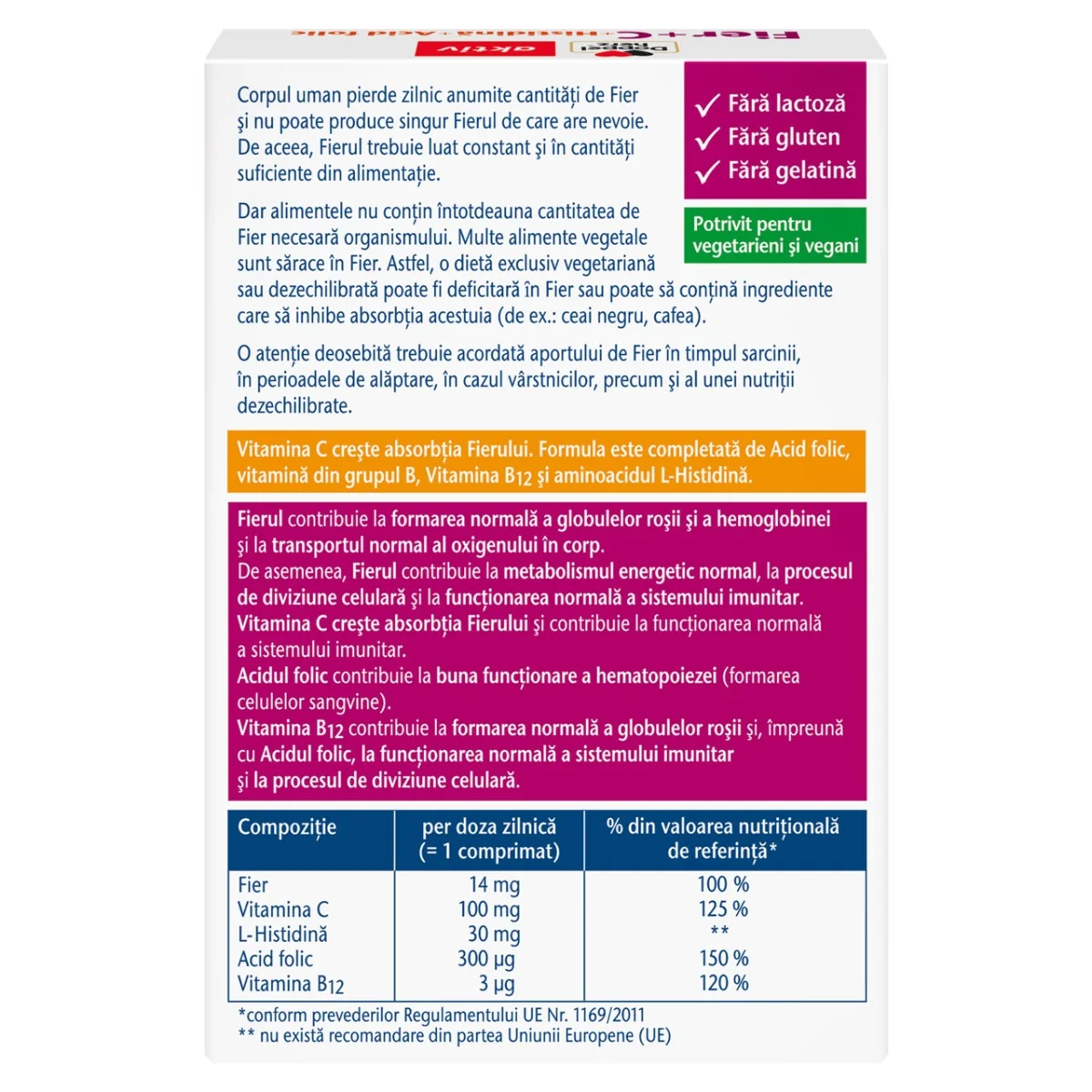 Fier + Vitamina C + Histidina + Acid folic, 30 comprimate, Doppelherz
