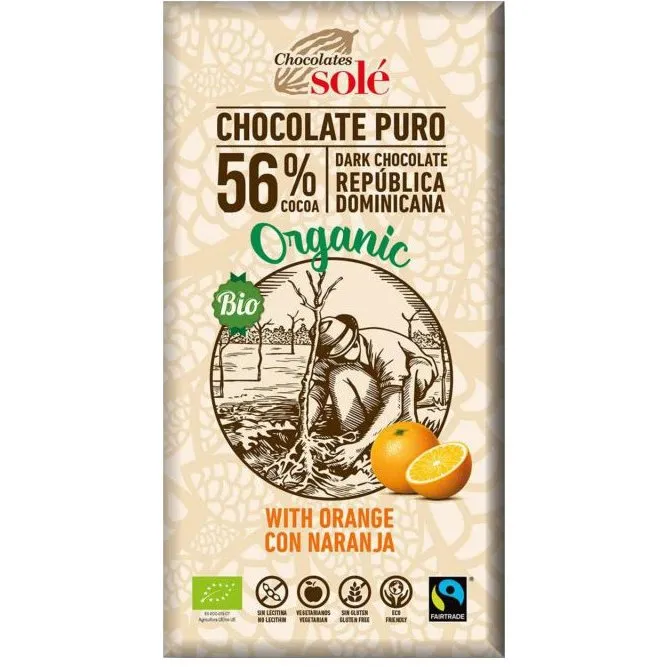 Ciocolata neagra cu 56% cacao si portocale Bio, 100g, Chocolates Sole