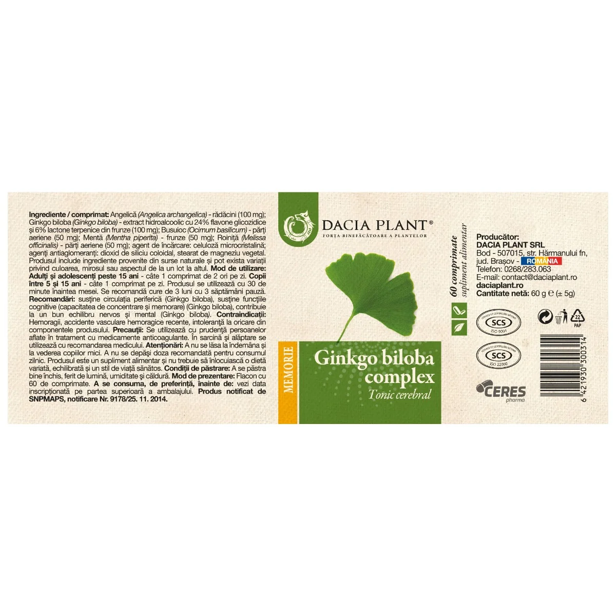 Ginko biloba, 60 comprimate, Dacia Plant