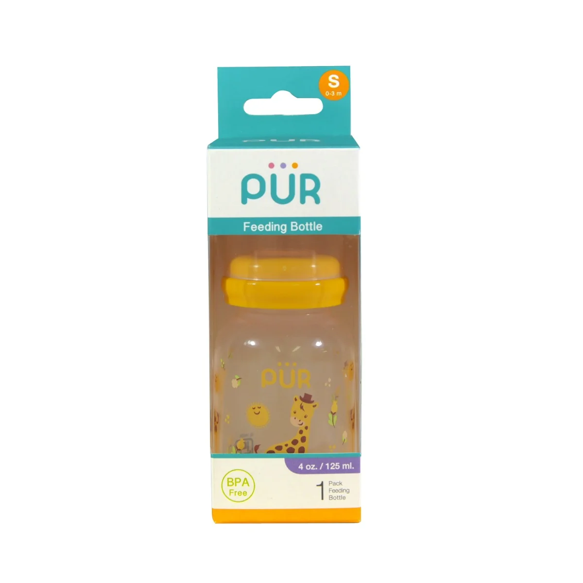 Biberon cu desen galben 0-3 luni, 125ml, PUR