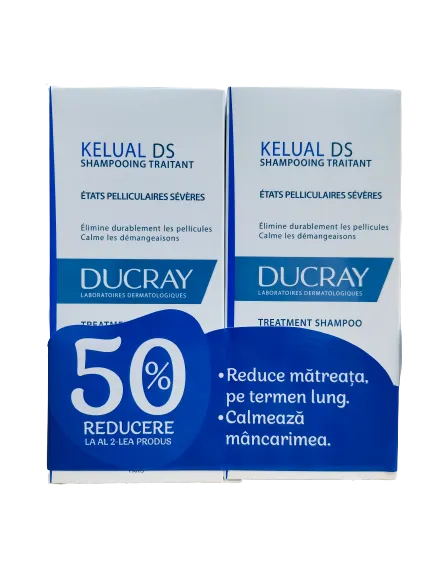 Pachet Sampon tratament pentru reducerea matretii si a mancarimii Kelual DS 1 + 50% reducere la al doilea produs, 2 x 100ml, Ducray