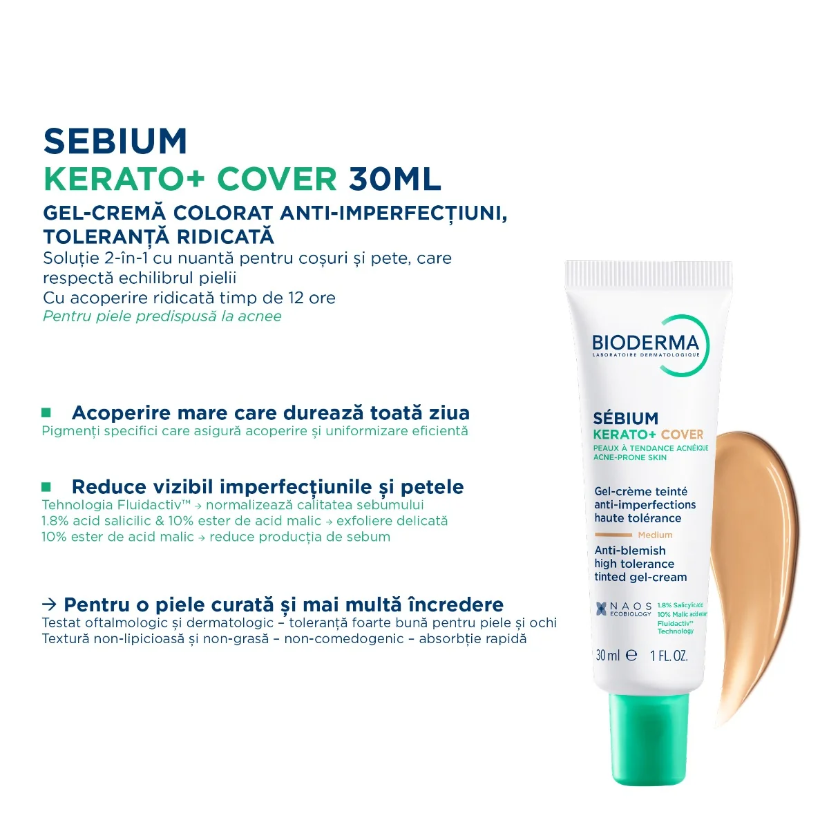 Gel crema nuantatoare anti-imperfectiuni Sebium Kerato+ Cover, 30 ml, Bioderma