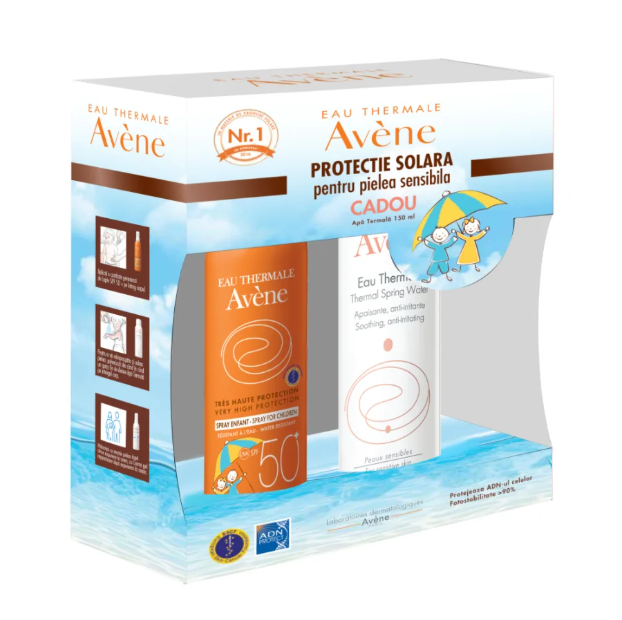 Pachet Spray protectie solara copii SPF50+ 200ml + 70% reducere Apa termala 150ml, Avene