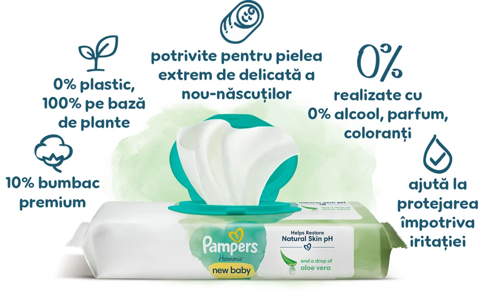 Servetele Pampers Harmonie New Baby cu aloe vera, fara alcool si parfum, potrivite pentru pielea delicata a nou-nascutilor. Servetele Pampers Harmonie New Baby cu aloe vera, fara alcool si parfum, potrivite pentru pielea delicata a nou-nascutilor.