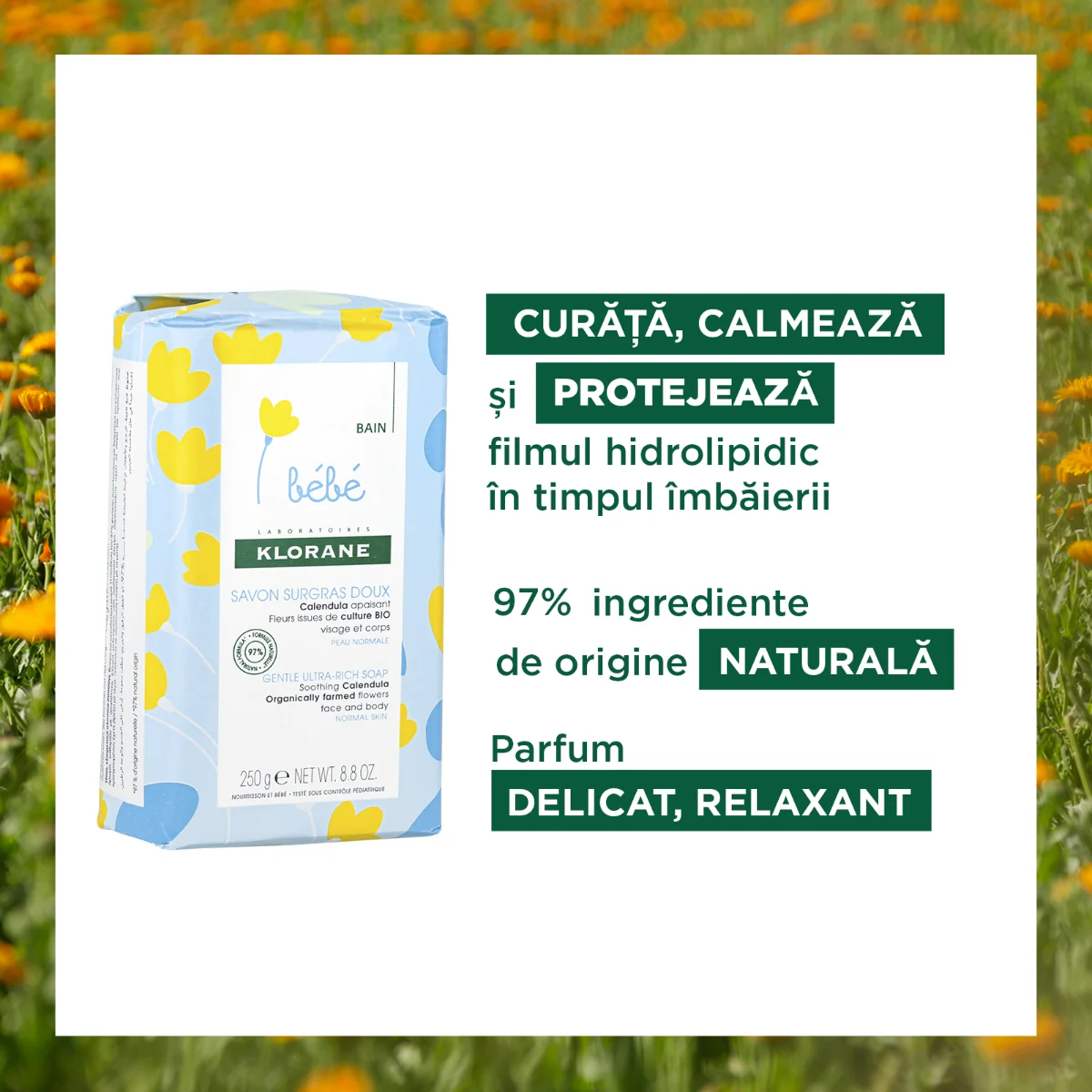 Sapun cu extract de galbenele, 250g, Klorane Bebe