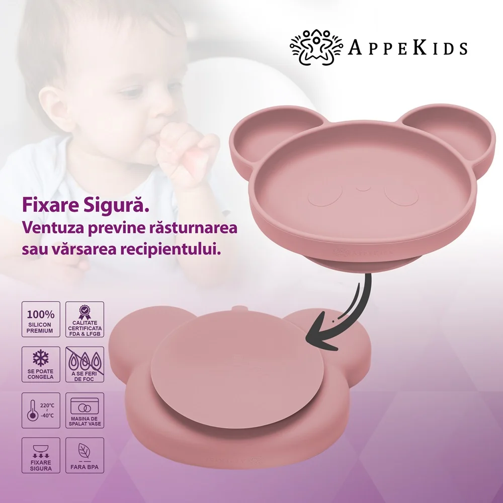 Farfurie din silicon cu ventuza Panda Old Rose 6 luni+, 1 bucata, Appekids