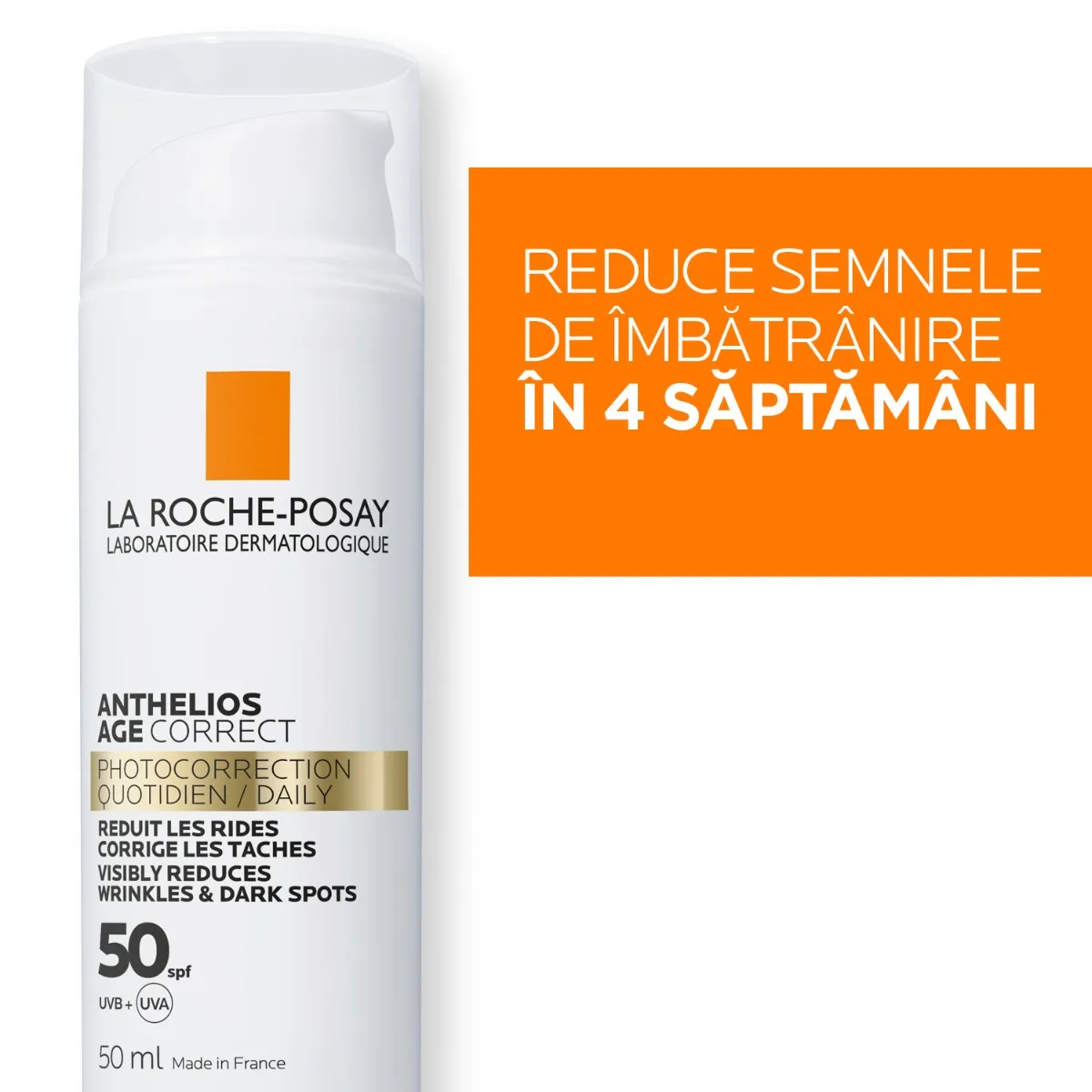 Crema cu protectie solara SPF 50 pentru fata cu actiune anti-imbatranire Anthelios Age Correct, 50ml, La Roche-Posay 