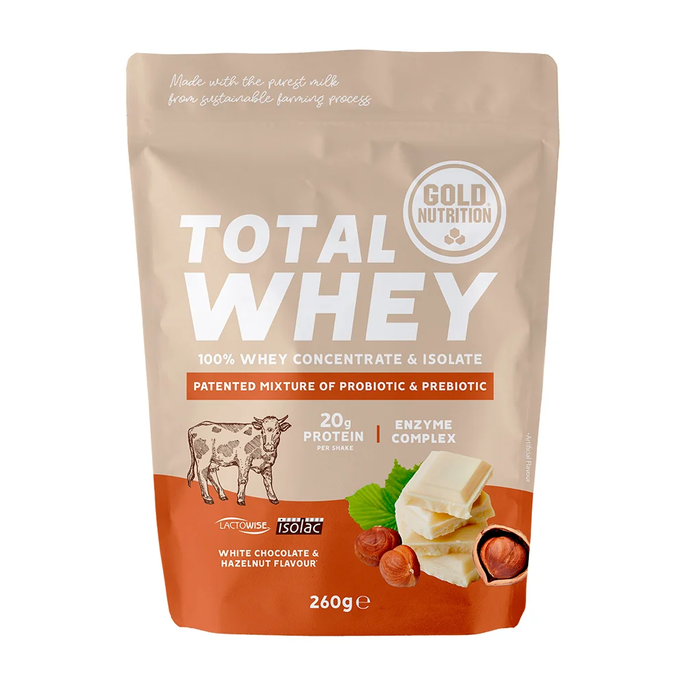 Pudra proteica Total Whey cu ciocolata alba si alune, 260g, Gold Nutrition