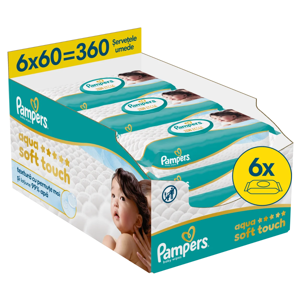 Servetele umede cu 99% apa si lotiune usoara Aqua Soft Touch, 360 bucati, Pampers