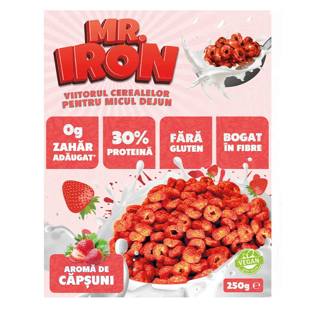 Cereale cu 30% proteina fara zahar low-carb gluten free si vegane Capsuni si Mar, 250g, Mr. Iron 