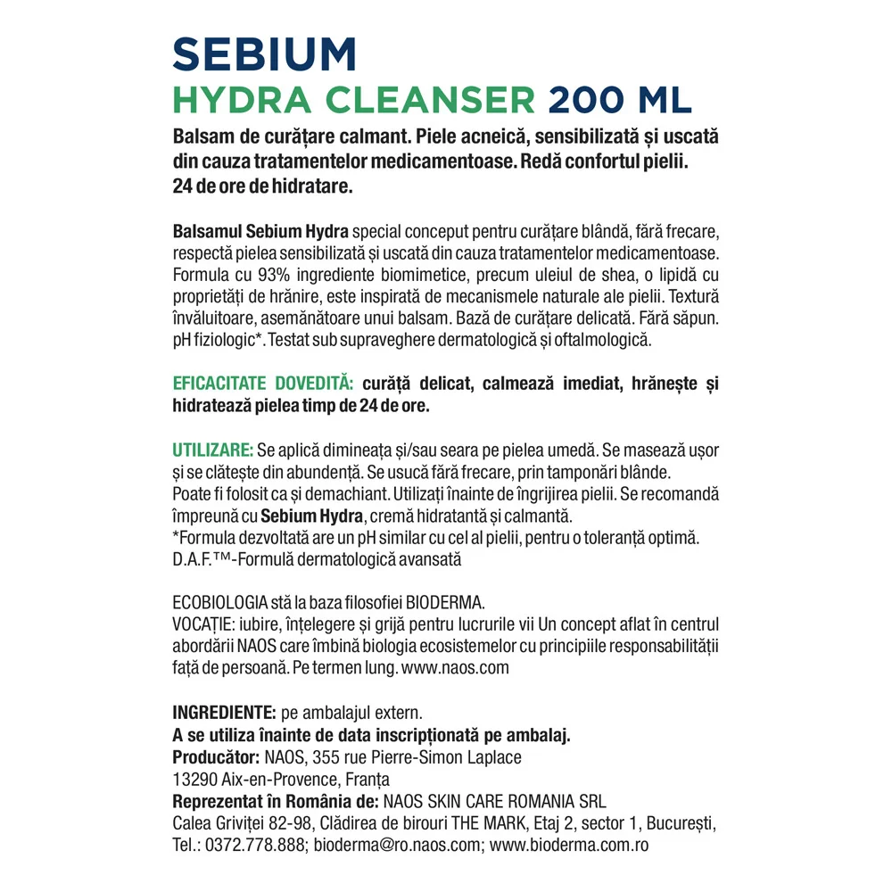 Balsam de curatare Hydra Cleanser Sebium, 200ml, Bioderma