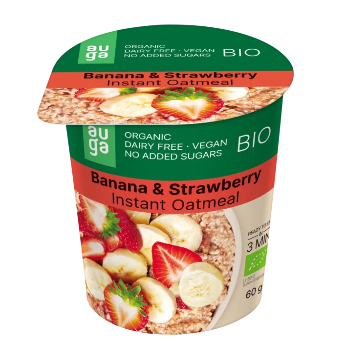 Porridge instant din ovaz integral banane si capsuni, 60g, Auga