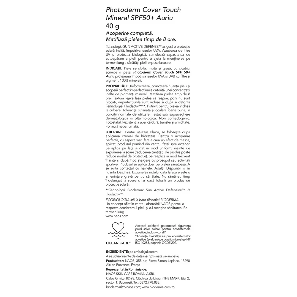 Crema Cover Touch cu SPF50+ auriu Photoderm, 40ml, Bioderma