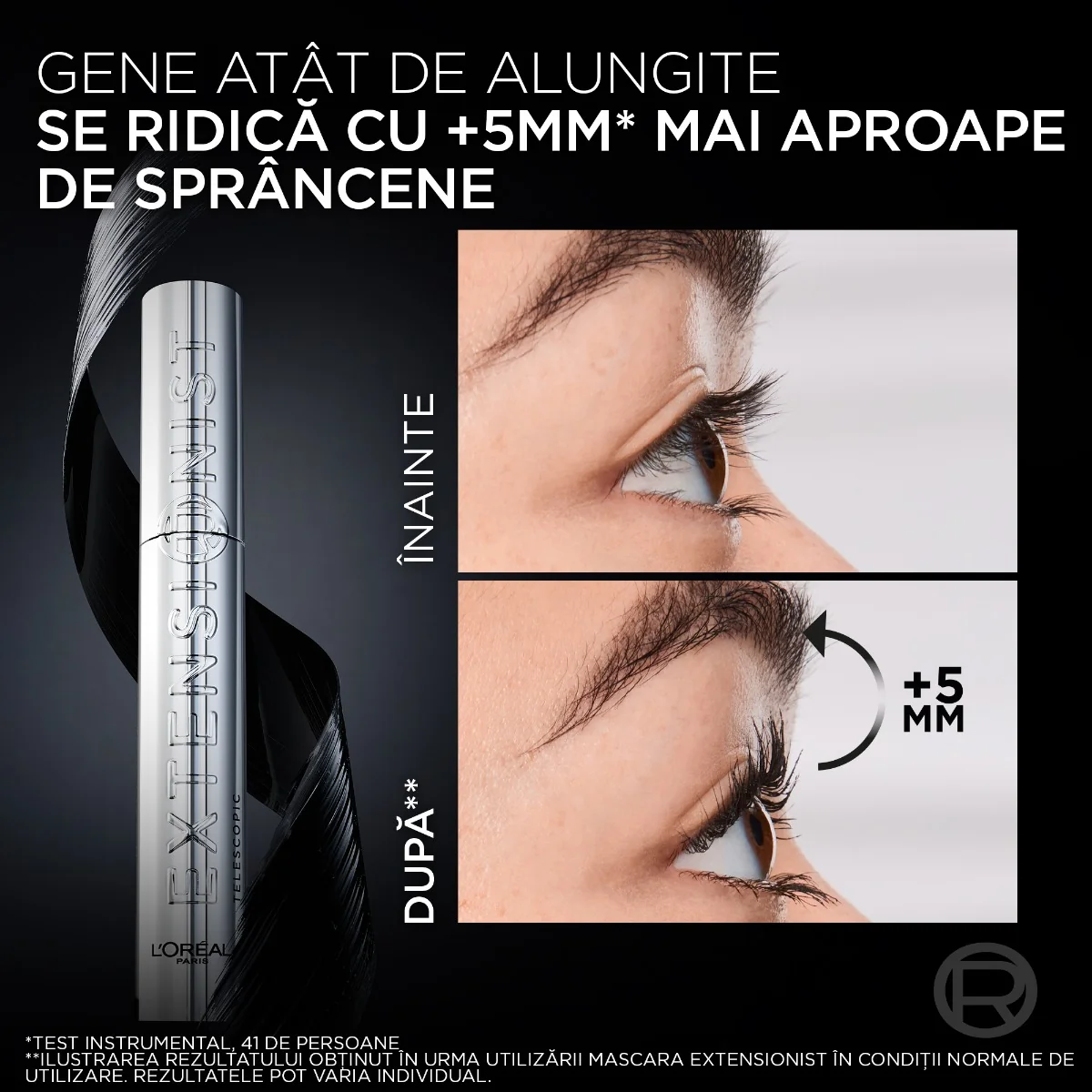 Mascara cu efect de alungire si curbare Telescopic Extensionist Black, 9.9ml, L'Oreal Paris 